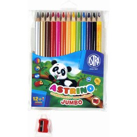 Kredki ołówkowe Astrino trójkątne 12 kolorów w drewnie + temperówka + 1 tęczowa kredka gratis