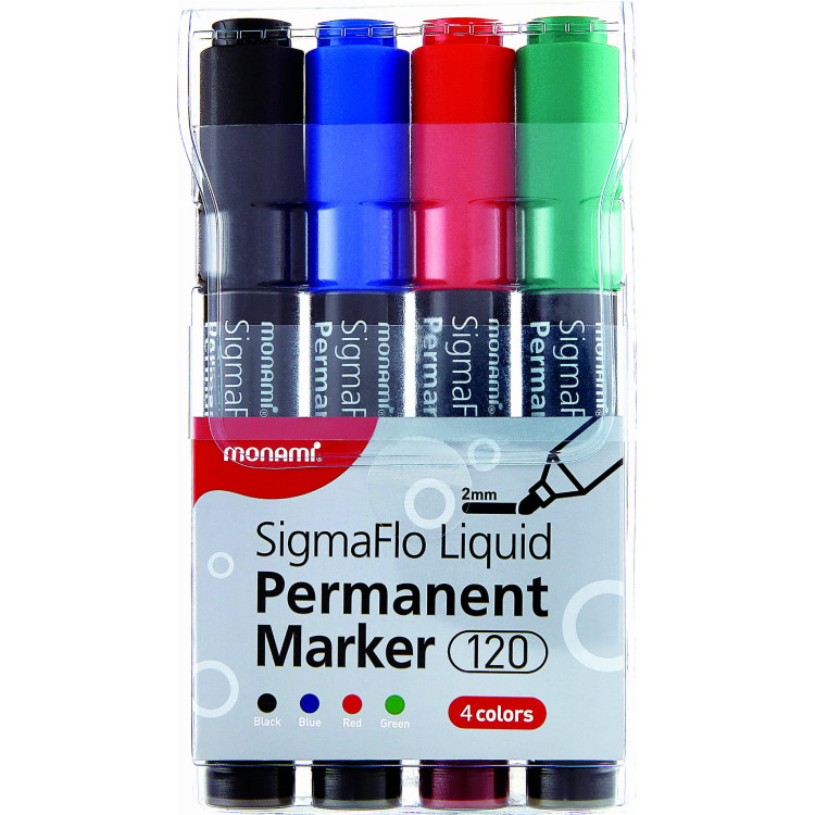 Marker pernamentny SigmaFlo PERM B 120 - zestaw 4 kolorów (czarny, niebieski, czerwony, zielony)