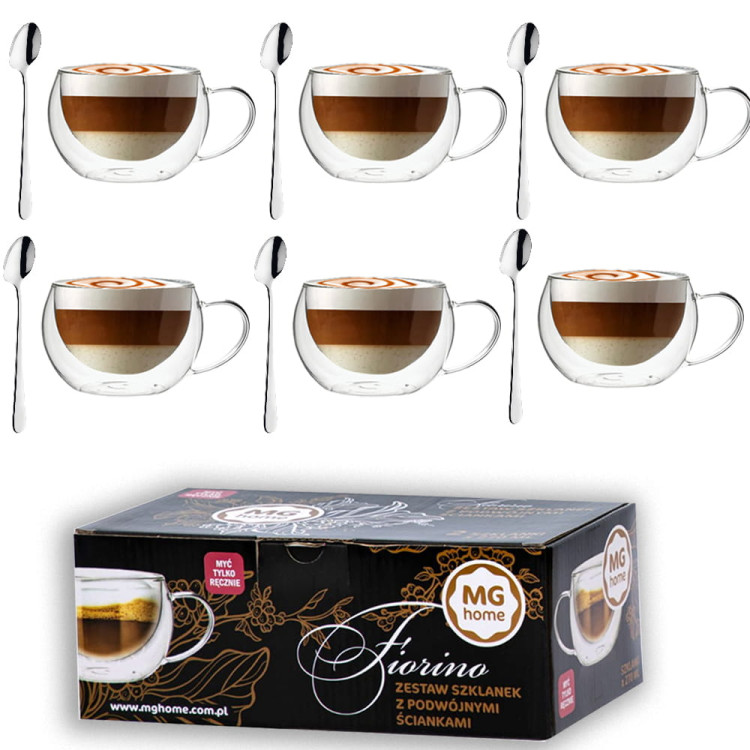 Szklanki termiczne do kawy 270 ml latte MG Home zestaw 6 szt szklanek + Łyżeczki