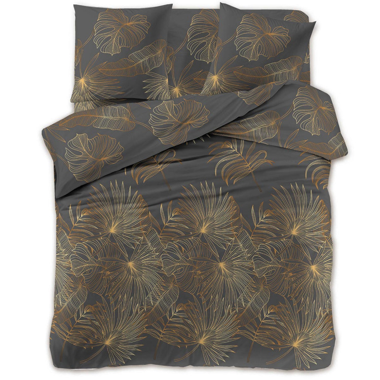 Pościel 140x200 bawełna satynowa 3D Cotton World gruba 2 części 2419 złote liście monstery na szarym tle