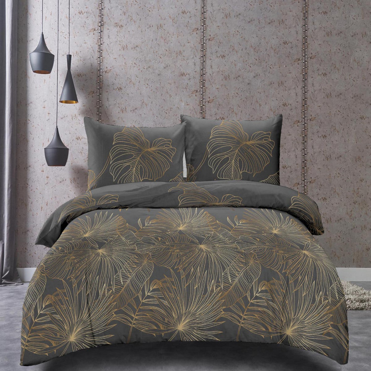 Pościel 140x200 bawełna satynowa 3D Cotton World gruba 2 części 2419 złote liście monstery na szarym tle