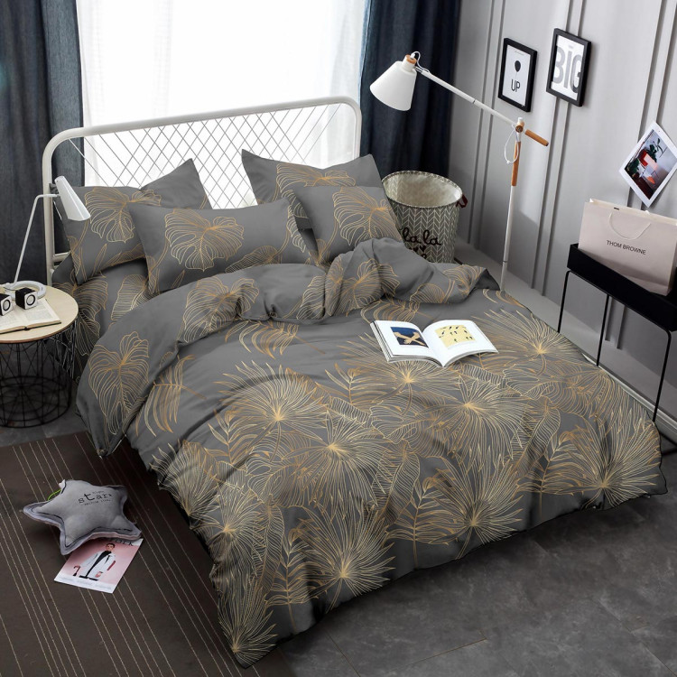 Pościel 140x200 bawełna satynowa 3D Cotton World gruba 2 części 2419 złote liście monstery na szarym tle