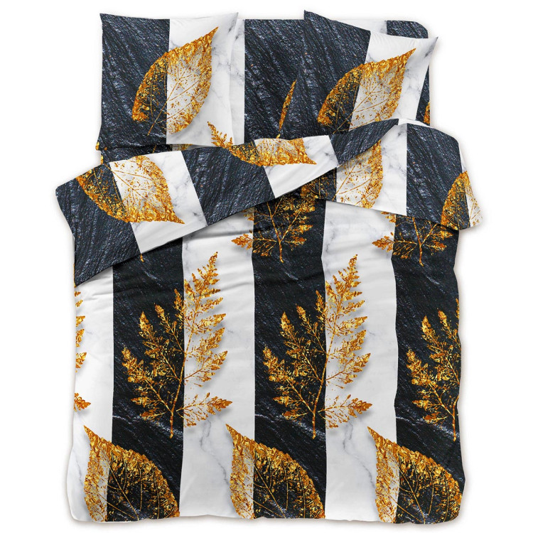Pościel 140x200 bawełna satynowa 3D Cotton World gruba 2 części 2423 złote liście na biało-czarnych pasach