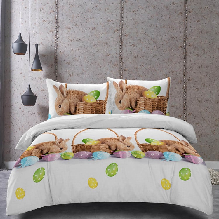 Pościel 140x200 świąteczna na Wielkanoc bawełna satynowa 3D Cotton World gruba 2 części 2445 zajączki wielkanocne