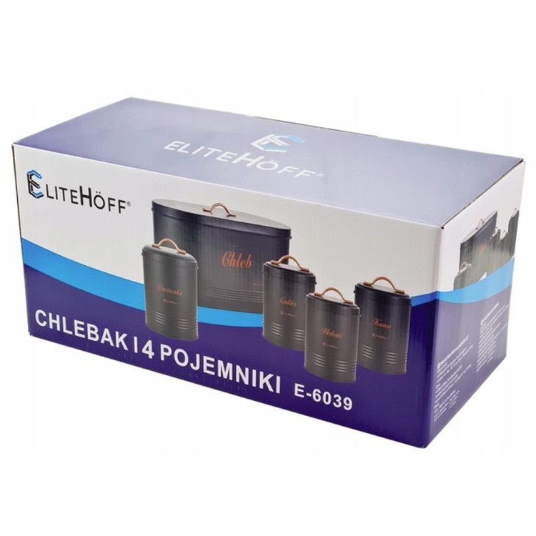 Chlebak metalowy Elitehoff E-6039 czarny pojemnik na pieczywo w zestawie z 4 pojemnikami