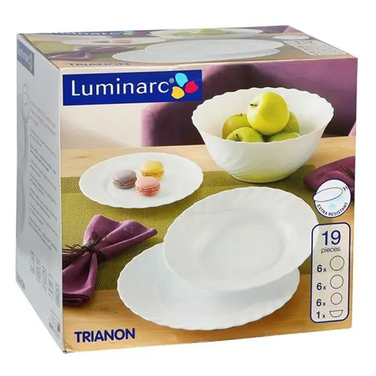 Serwis obiadowy Trianon Luminarc 19 elementów białe talerze dla 6 osób z miską
