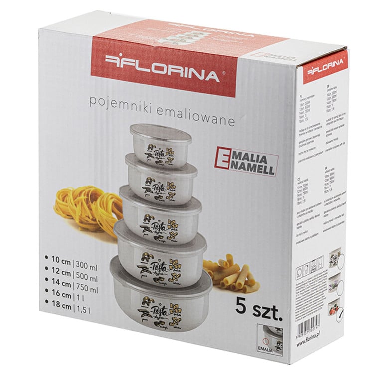 Pojemniki emaliowane miski Florina Dekor z pokrywką 0.3/0.5/0.75/1/1.5 l białe wzór pasta Emalia Pleszew zestaw 5 sztuk