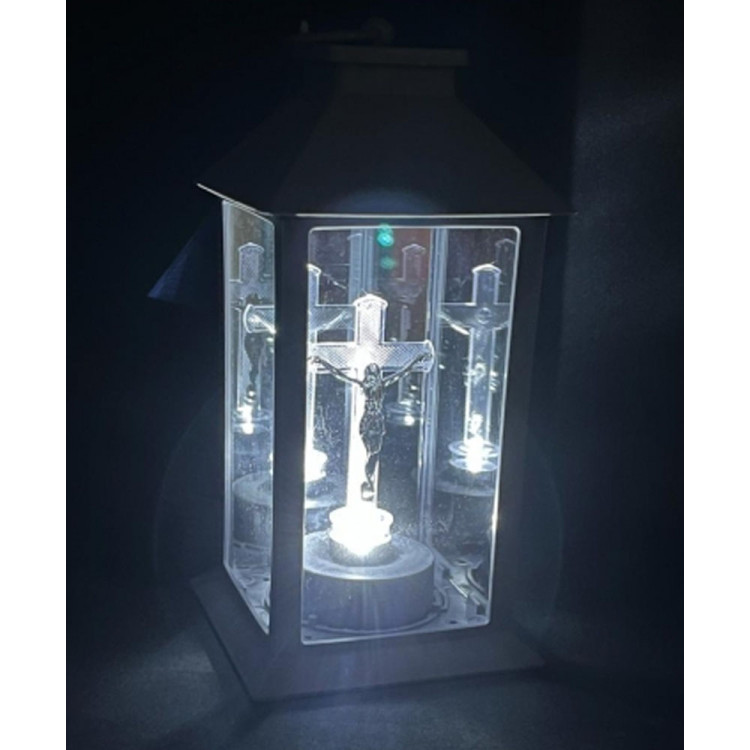 Latarenka LED z krzyżem znicz na baterie lampion szary