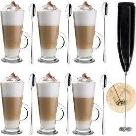 Szklanki do kawy latte Florina Boston 310 ml wysokie zestaw z długimi łyżeczkami i spieniacz do mleka 6 sztuk
