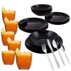 Zestaw obiadowy 48 elementów Luminarc czarne talerze sztućce szklanki dla 6 osób