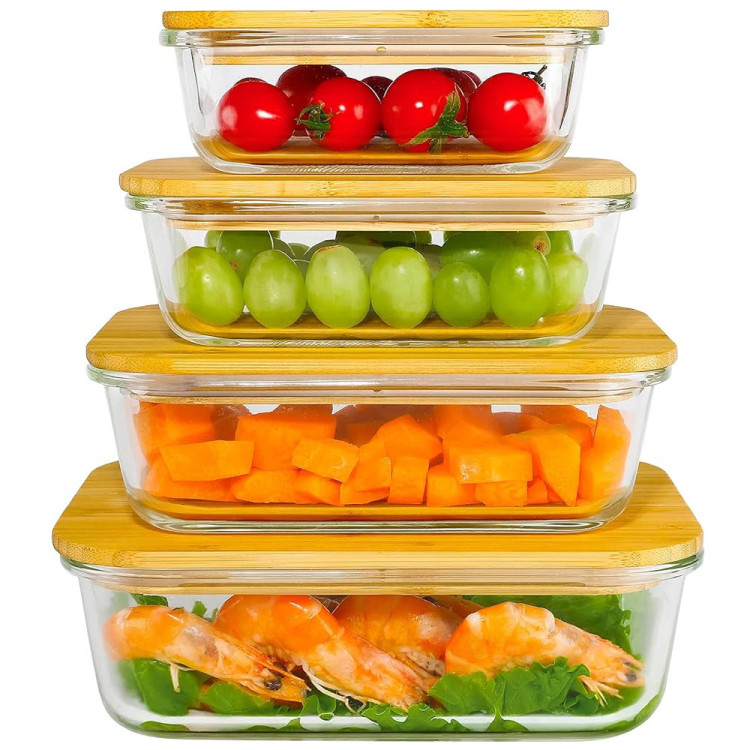 Zestaw 4 pojemników szklanych lunchbox z bambusową pokrywką 1500/1050/640/370 ml żaroodporne