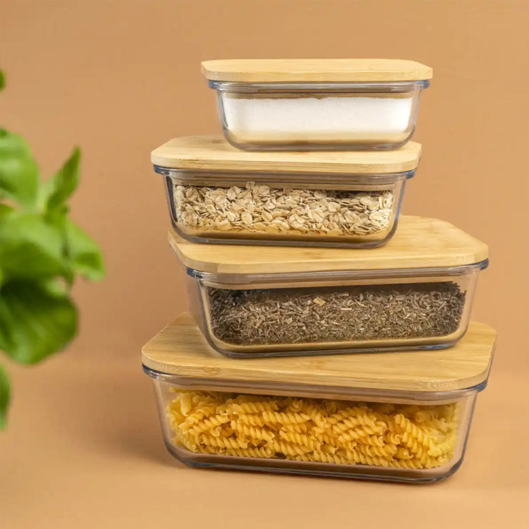 Zestaw 4 pojemników szklanych lunchbox z bambusową pokrywką 1500/1050/640/370 ml żaroodporne