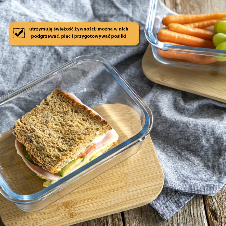 Zestaw 4 pojemników szklanych lunchbox z bambusową pokrywką 1500/1050/640/370 ml żaroodporne