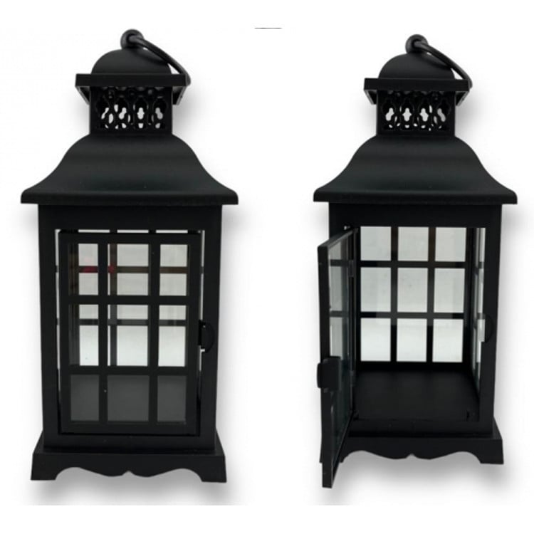 Lampion dekoracyjny z przeszklonymi ściankami w kratkę 11.2x11.2x26.5 cm latarenka czarna lam35725
