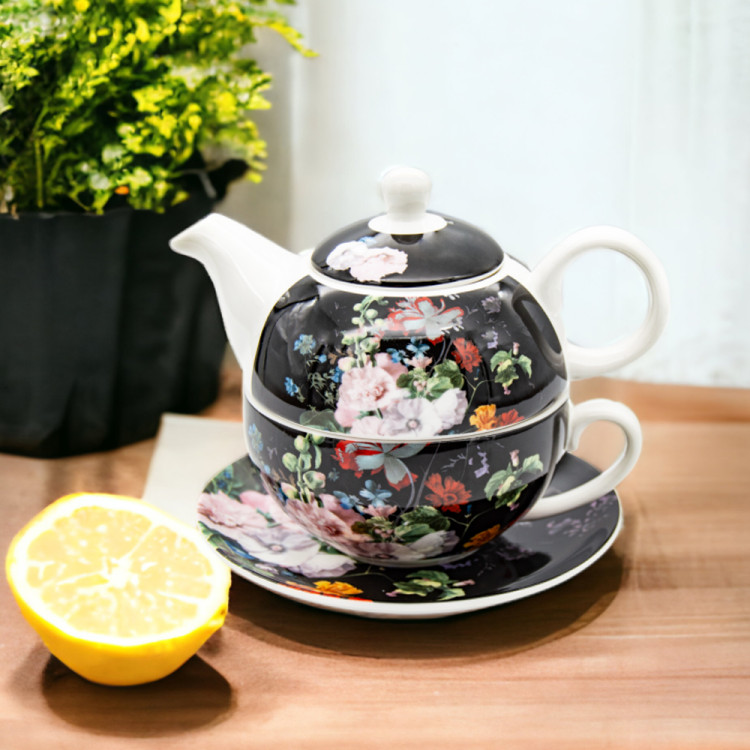 Dzbanek 450 ml z filiżanką imbryk czarny w kwiaty zestaw z filiżanką Tragar Bella Fiore 38977