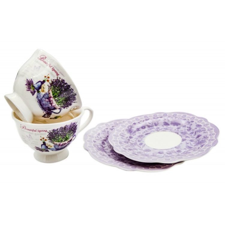 Serwis kawowy na 2 osoby porcelana zestaw 2 filiżanek ze spodkami Bella Fiore lawenda 38975