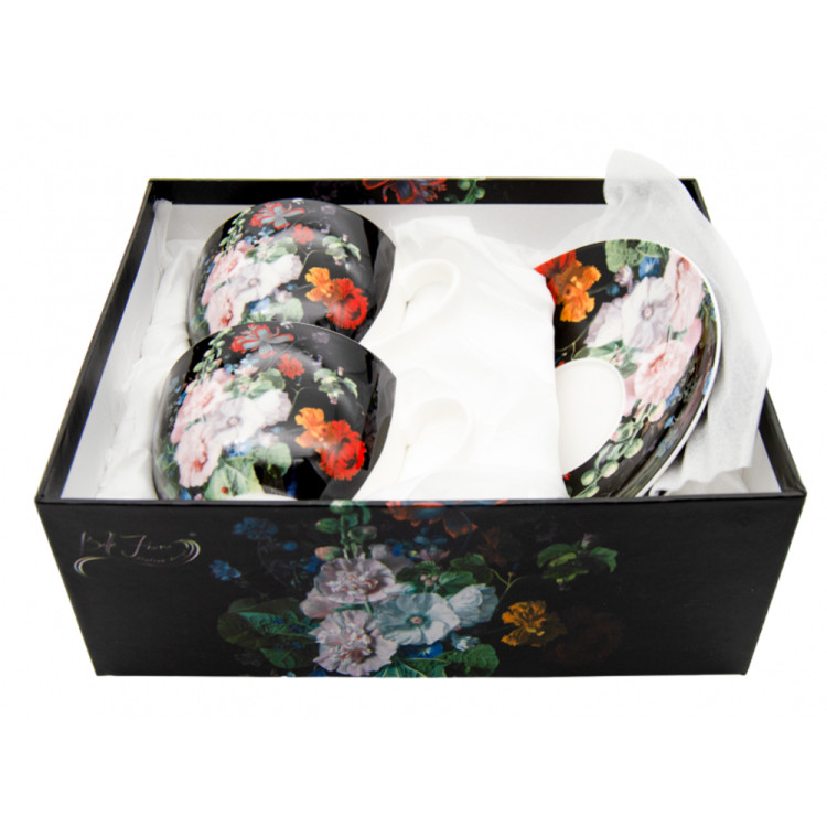 Serwis kawowy na 2 osoby porcelana zestaw 2 filiżanek ze spodkami Bella Fiore czarna w kwiaty 38979