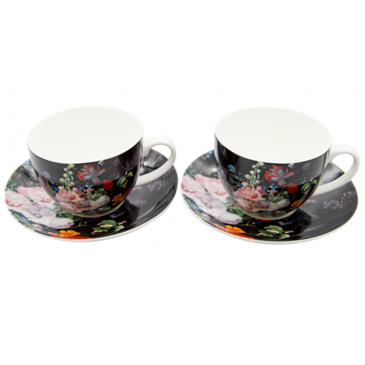Serwis kawowy na 2 osoby porcelana zestaw 2 filiżanek ze spodkami Bella Fiore czarna w kwiaty 38979