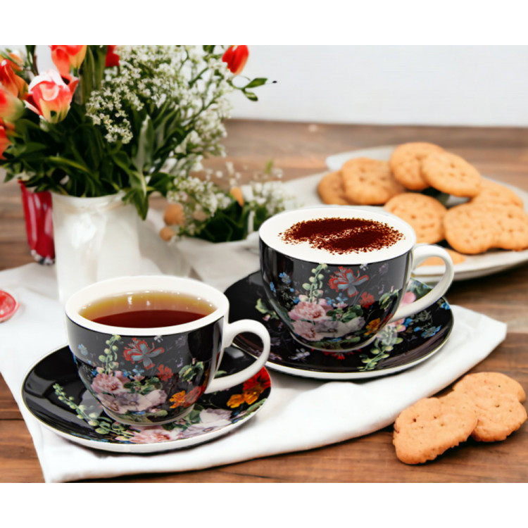 Serwis kawowy na 2 osoby porcelana zestaw 2 filiżanek ze spodkami Bella Fiore czarna w kwiaty 38979