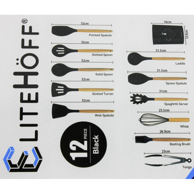 Przybory kuchenne Elitehoff E-6288 czarne komplet 12 sztuk narzędzi z przybornikiem