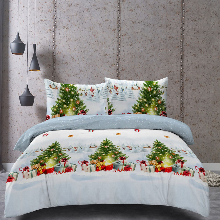 Pościel świąteczna 160x200 bawełna satynowa 3D Cotton World gruba 3 części 2417 choinki
