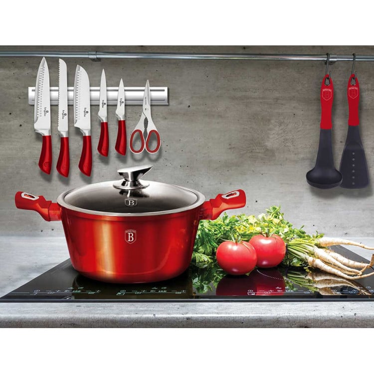 Garnki BERLINGER HAUS BH-7030 Burgundy zestaw 16 elementów garnki marmurkowe czerwone Indukcja