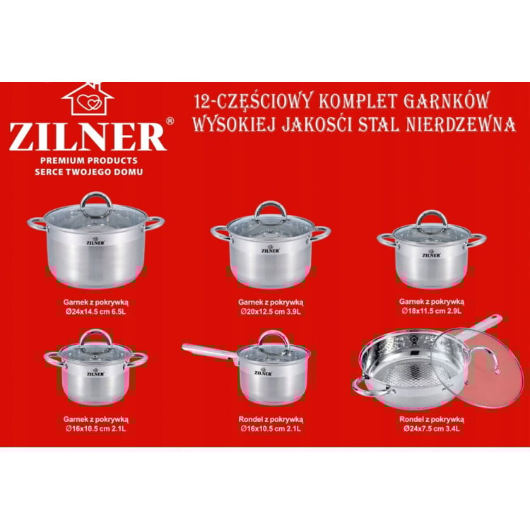 Garnki stalowe Zilner ZL 8106 zestaw 5 garnków i patelnia na indukcje
