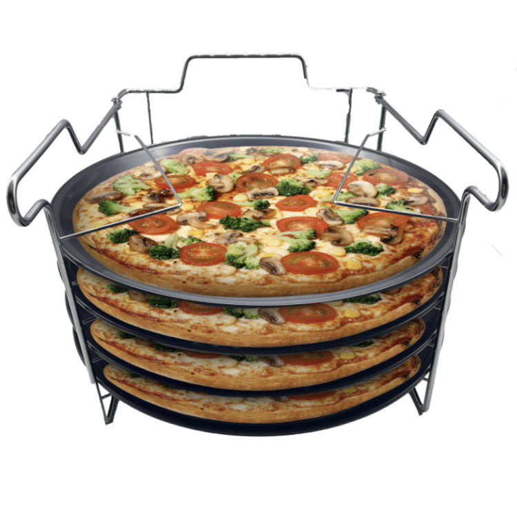 Blaszki do pizzy zestaw 4 form ze stojakiem czteropoziomowym Zilner ZL 2134 okrągłe blachy 32 cm