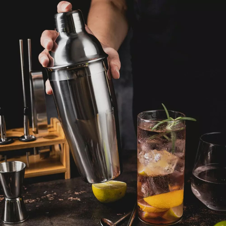 Zestaw barmański do drinków srebrny 15 elementów z stojakiem bambusowym przybory barowe Klausberg KB 7653