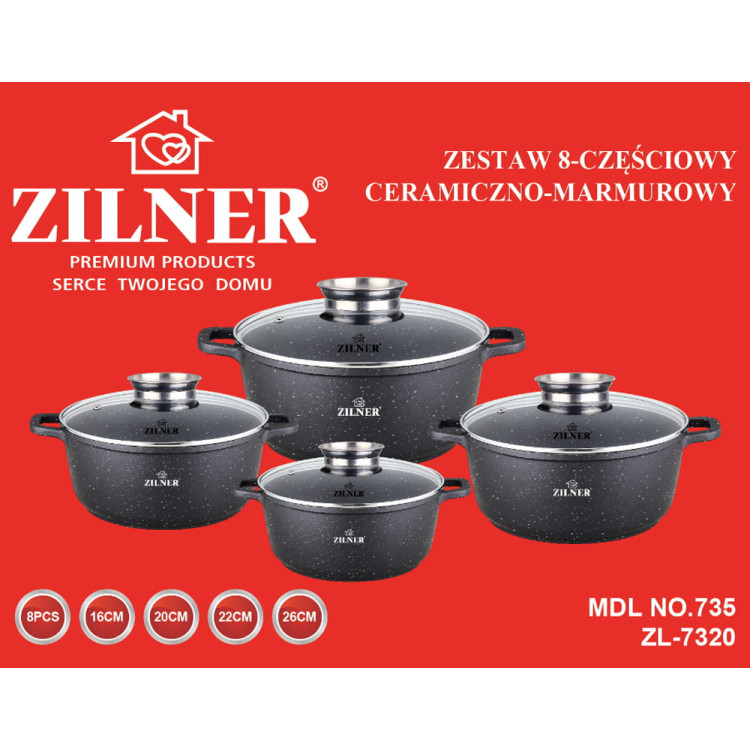 Garnki marmurowe czarne Zilner ZL 7320 zestaw 8 elementowy