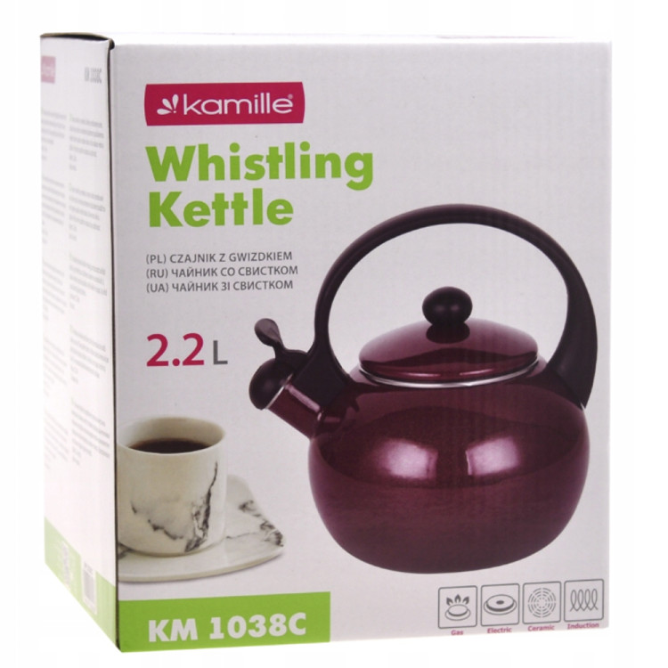 Czajnik tradycyjny z gwizdkiem emaliowany bordowy 2.2 l Kamille KM-1038C