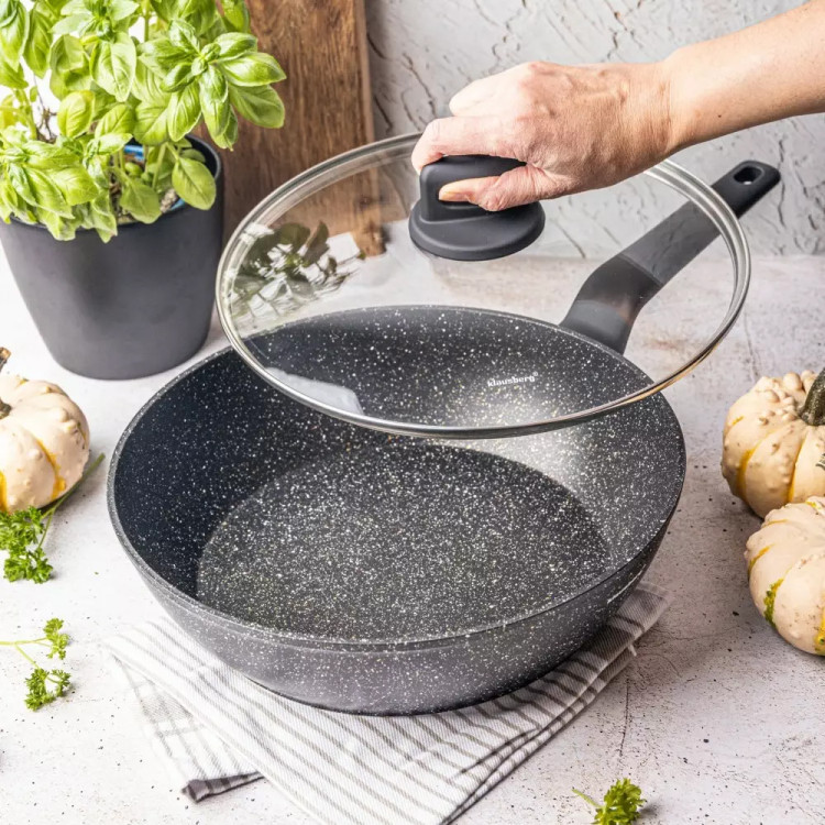 Patelnia głęboka marmurowa pokrywką duża 28 cm Klausberg KB 7667 czarny marmurek