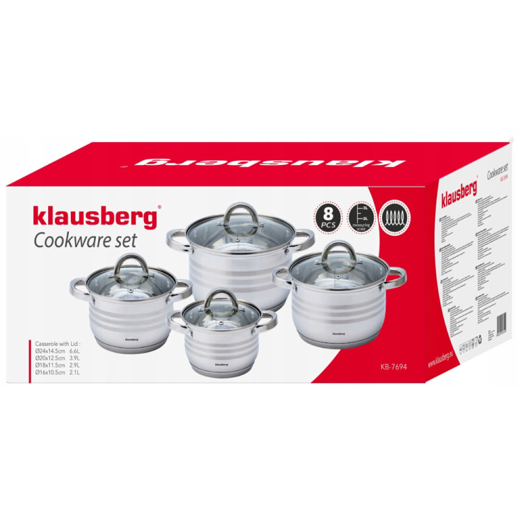 Garnki stalowe 2.1/2.9/3.9/6.6 L zestaw 8 elementowy Klausberg KB 7694 indukcja