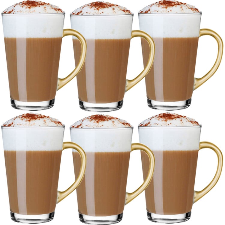 Szklanki ze złotym uchem 300 ml Glasmark Iwo do herbaty kawy latte macchiato komplet 6 sztuk z długimi łyżeczkami