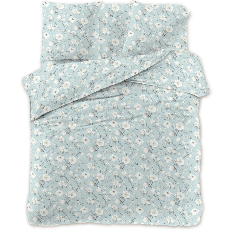 Pościel 160x200 bawełna satynowa Cotton World gruba 3 części 2436 niebieska w białe kwiaty