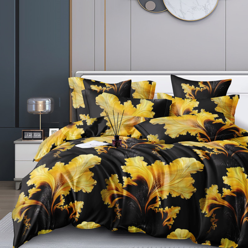 Pościel 160x200 bawełna satynowa Cotton World gruba 3 części 2546 czarna w żółte kwiaty