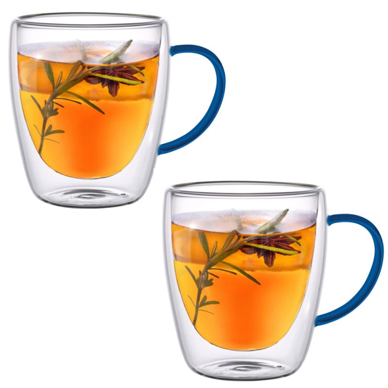 Szklanki termiczne z granatowym uchem zestaw 6 sztuk Renza 300 ml do kawy latte herbaty MG HOME