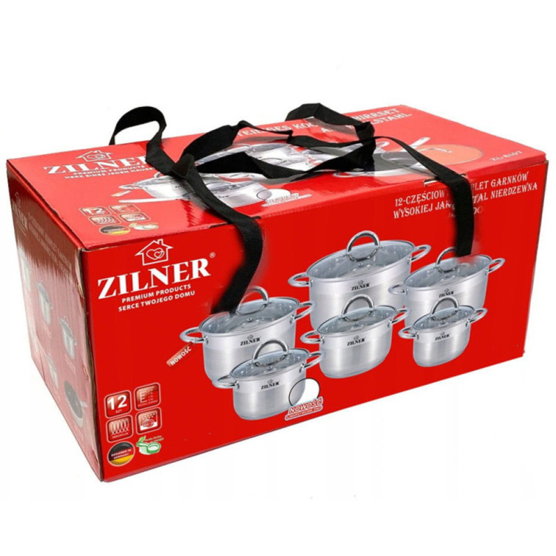 Garnki stalowe zestaw 6 sztuk 1.2/1.9/2.8/3.7/4.4/6.2L komplet 12 elementowy Zilner ZL 8120 indukcja gaz