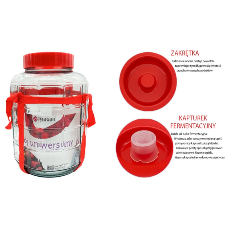 Słój szklany fermentacyjny z plastikową pokrywką 10 L do kiszenia, na wino, nalewki Tragar 9919