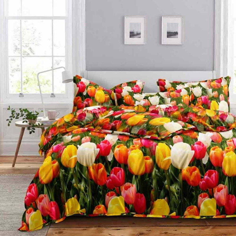 Pościel 200x220 bawełna satynowa 3D Cotton World gruba 3 części 2702 tulipany