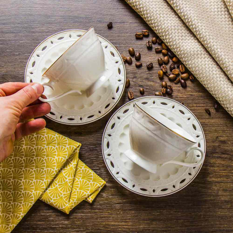 Serwis kawowy dla 2 osób Sima porcelana zestaw filiżanek ze spodkami 2+2 biały Florina
