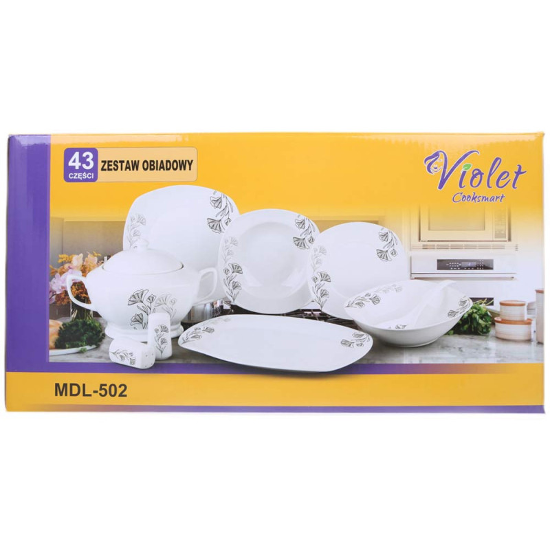 Serwis obiadowy porcelana 43 elementy komplet na 12 osób biały + dodatki Violet VC 442