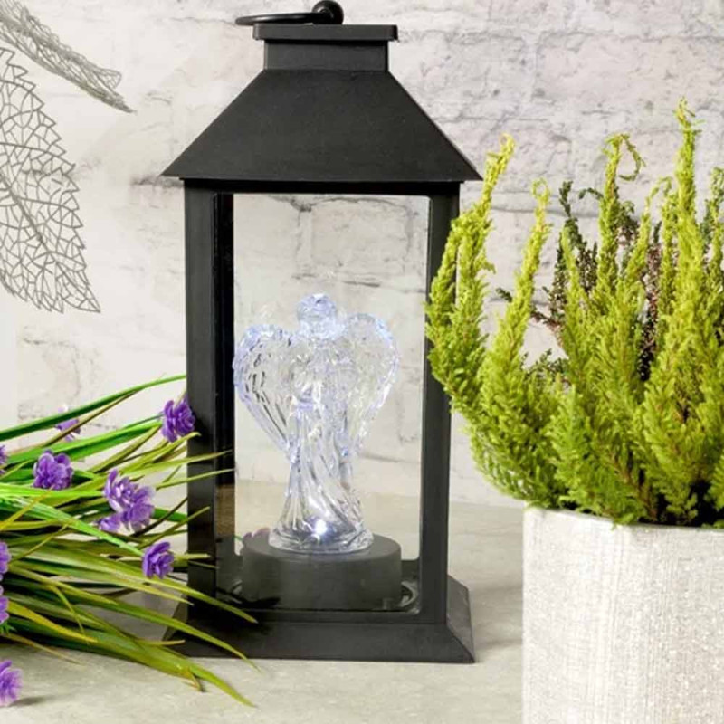 Lampion dekoracyjny z aniołkiem 14x14x32 cm latarenka XL czarna znicz Cortina