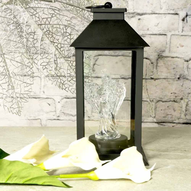 Lampion dekoracyjny z aniołkiem 14x14x32 cm latarenka XL czarna znicz Cortina