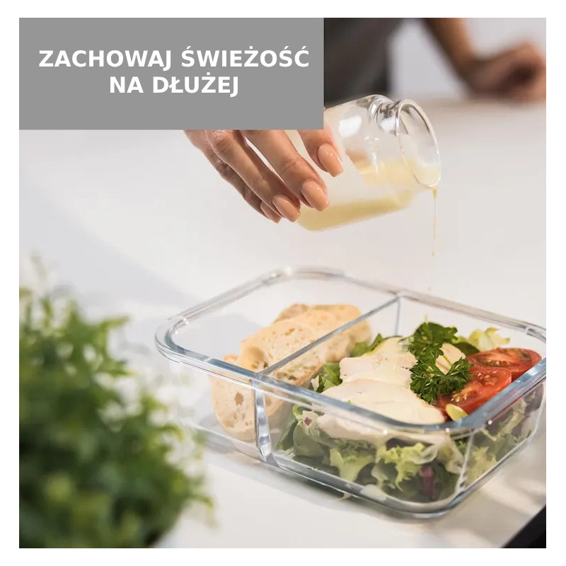 Zestaw 4 pojemników szklanych 1050 ml z przegrodą lunchbox GierekHoff Split 1104 żaroodporne hermetyczne dwukomorowe
