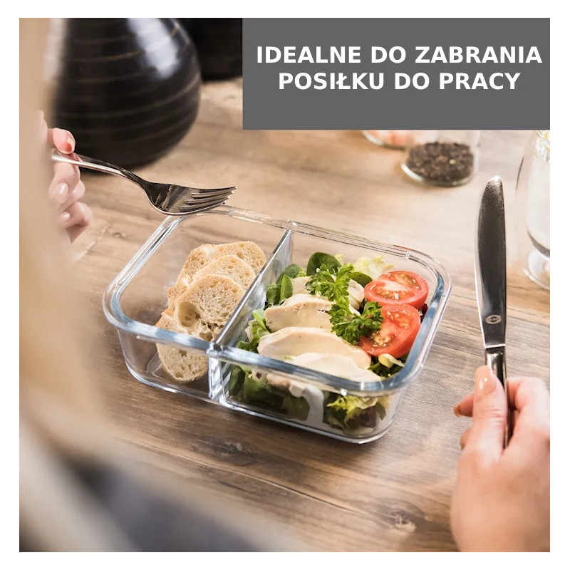Zestaw 4 pojemników szklanych 1050 ml z przegrodą lunchbox GierekHoff Split 1104 żaroodporne hermetyczne dwukomorowe