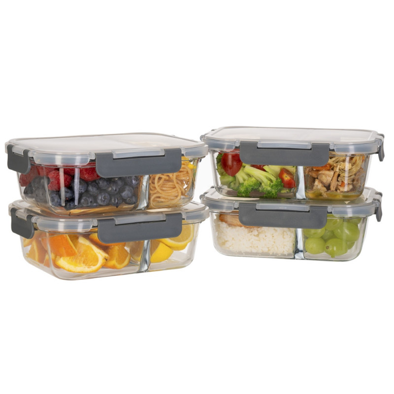 Zestaw 4 pojemników szklanych 1050 ml z przegrodą lunchbox GierekHoff Split 1104 żaroodporne hermetyczne dwukomorowe