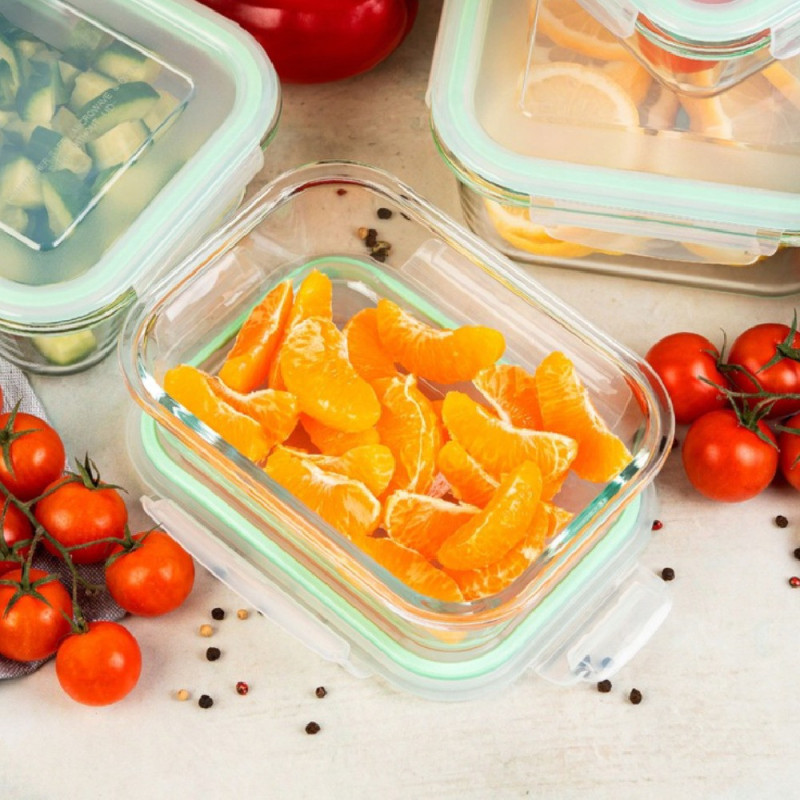 Pojemniki szklane prostokątne lunchbox GierekHoff Corio GH 1103 zestaw 4 sztuki żaroodporne hermetyczne 1520/1050/640/370 ml