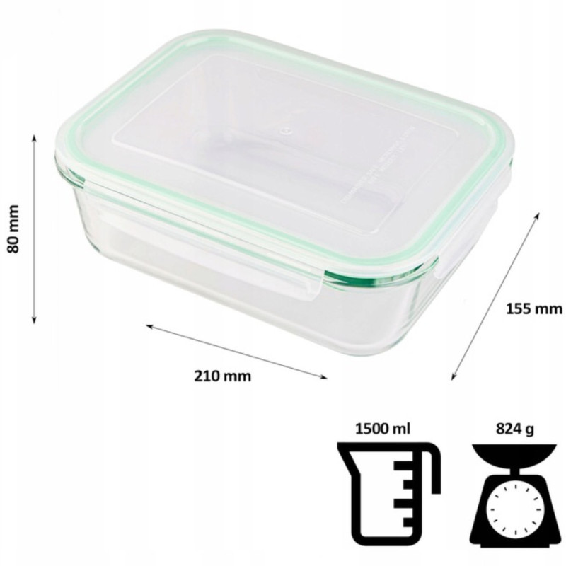 Pojemniki szklane prostokątne lunchbox GierekHoff Corio GH 1103 zestaw 4 sztuki żaroodporne hermetyczne 1520/1050/640/370 ml