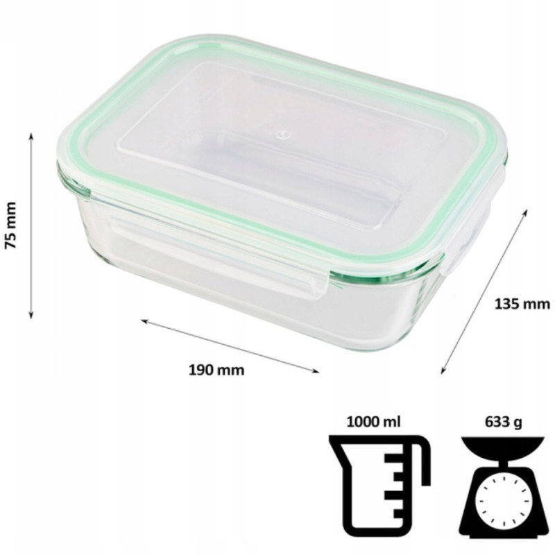 Pojemniki szklane prostokątne lunchbox GierekHoff Corio GH 1103 zestaw 4 sztuki żaroodporne hermetyczne 1520/1050/640/370 ml
